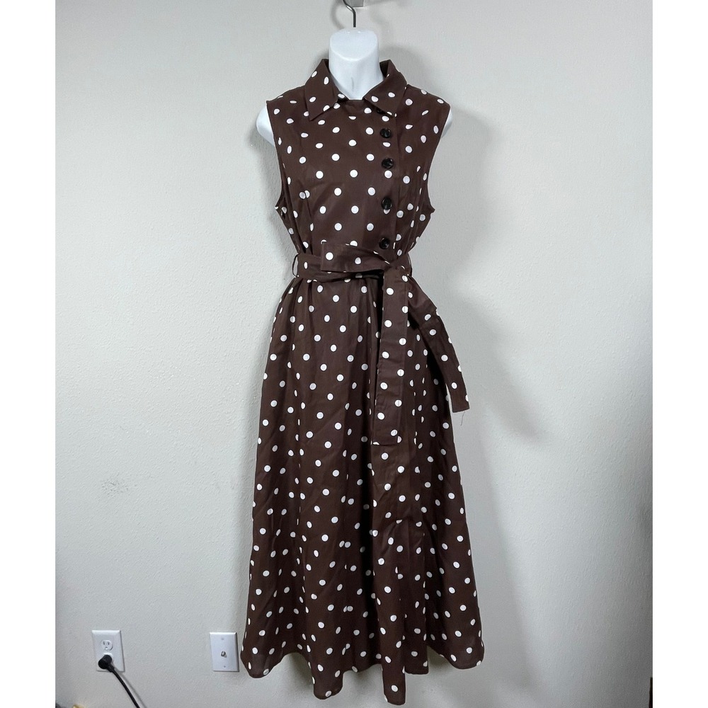 Linen Vibes Polka Dot Midi Dress Women M Brown Rockabilly Feminine Sleeveless - Picture 10 of 11